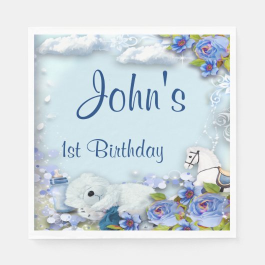 テディベアと馬の誕生日パーティー スタンダードランチョンナプキン (正面)