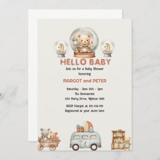 テディベアと馬の赤ちゃんシャワー 招待状 (正面/裏面)