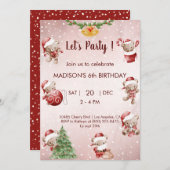 テディベアのクリスマス誕生日 招待状 (正面/裏面)