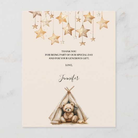 テディベアのテントのベージュのベビーシャワーサンキューカード (裏面)