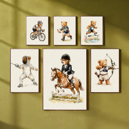 テディベアのハードル走り 子供部屋の動物スポーツ ポスター