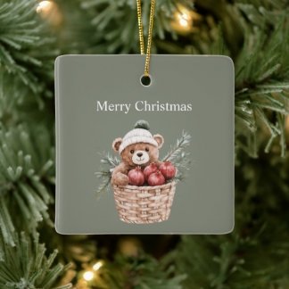 テディベアのバスケット ザクロ クリスマス セラミックオーナメント