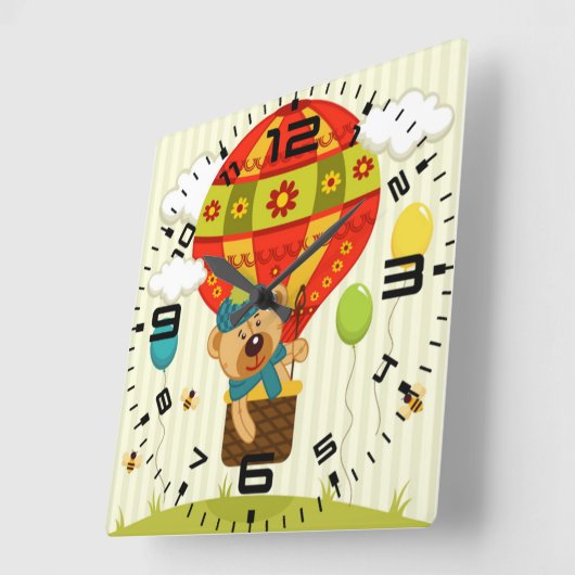 テディベアのバルーンライド スクエア壁時計 (傾斜)