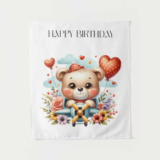 テディベアのパイロット 誕生日 タペストリー (正面)