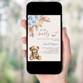 テディベアのパンパフローラブルーの男の子の赤ちゃんシャワー 招待状