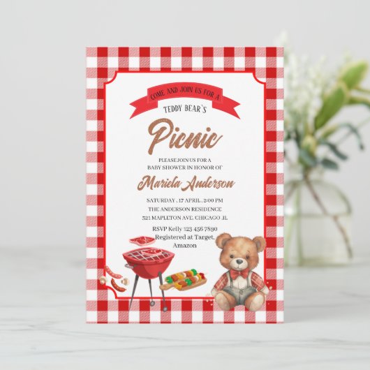 テディベアのピクニックパーティー 水彩 赤ちゃん誕生会招待状 招待状 (スタンド正面)