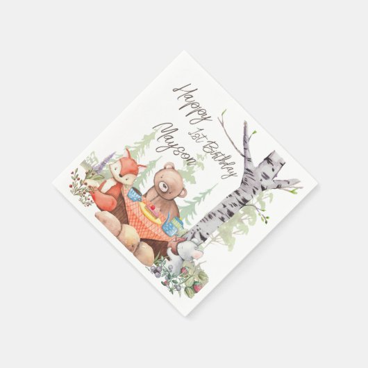 テディベアのピクニック森林の森林の動物のカスタム スタンダードカクテルナプキン (角)