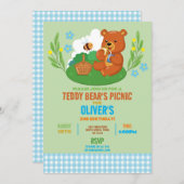 テディベアのピクニック誕生日パーティーパークエーブルー 招待状 (正面/裏面)
