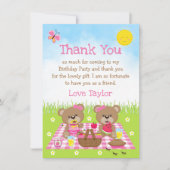 テディベアのピクニック誕生日ピンクチェック サンキューカード (正面)