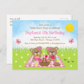 テディベアのピクニック ピンクのギンガム バースデー ポストカード (正面/裏面)