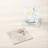 テディベアのピンク色の茶色のアイボリーバルーン赤ちゃんシャワー スクエアペーパーコースター (インサイチュ)