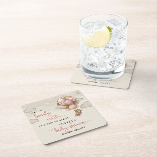 テディベアのピンク色の茶色のアイボリーバルーン赤ちゃんシャワー スクエアペーパーコースター (インサイチュ)