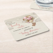 テディベアのピンク色の茶色のアイボリーバルーン赤ちゃんシャワー スクエアペーパーコースター (アングル)