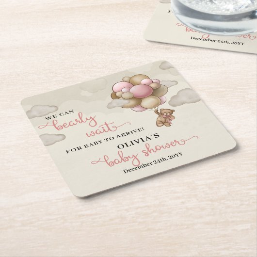 テディベアのピンク色の茶色のアイボリーバルーン赤ちゃんシャワー スクエアペーパーコースター (アングル)