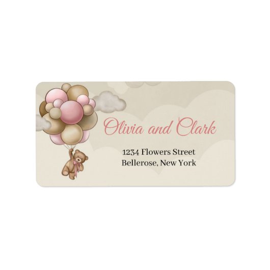 テディベアのピンク色の茶色のアイボリー熱気球 ラベル (正面)