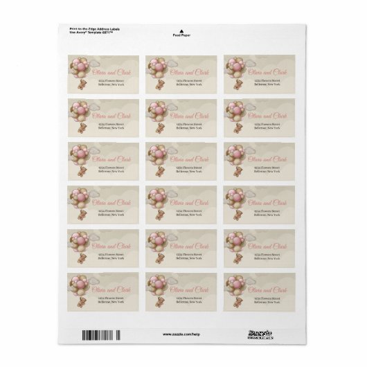 テディベアのピンク色の茶色のアイボリー熱気球 ラベル (フルシート)