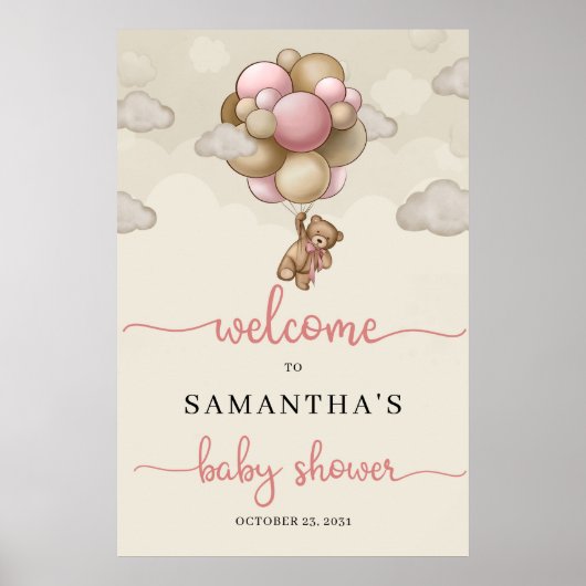 テディベアのピンク色の茶色のバルーンベビーウェルカムサイン ポスター (正面)