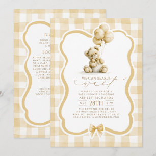 テディベアのブラウンギンガムチェックのベビーシャワー 招待状