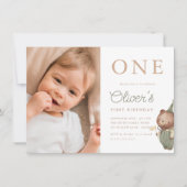 テディベアの写真を使ったファーストバースデーパーティー 招待状 (正面)