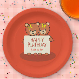 テディベアの双子または兄弟の誕生日パーティー ペーパープレート