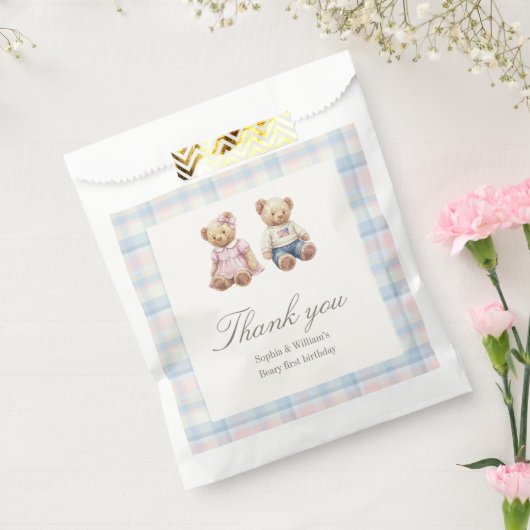 テディベアの双子ベアリー1歳の誕生日記念品袋 フェイバーバッグ (封をした状態)