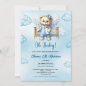 テディベアの天使の翼とベビーのベッド 招待状 (正面)