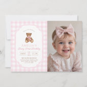 テディベアの女の子の1歳の誕生日パーティーの写真 招待状 (正面)