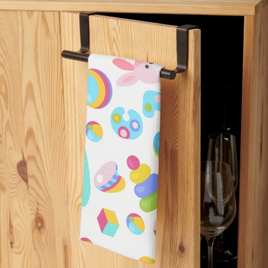 テディベアの子ども玩具模様 キッチンタオル (三つ折り)