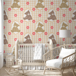 テディベアの子供部屋用ギンガムチェックと花柄(ピンク&白) 壁紙