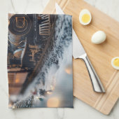 テディベアの幻想的なクリスマストレインシーン キッチンタオル (四つ折り)