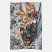 テディベアの幻想的なクリスマストレインシーン キッチンタオル (縦)