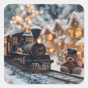 テディベアの幻想的なクリスマストレインシーン スクエアシール