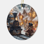 テディベアの幻想的なクリスマストレインシーン セラミックオーナメント (左)