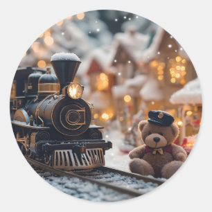 テディベアの幻想的なクリスマストレインシーン ラウンドシール