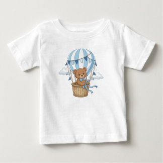 テディベアの熱気球 ブルー 子供部屋のデザイン ベビーTシャツ