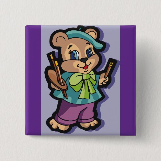 テディベアの画家(ベレー帽と絵筆) 缶バッジ (正面)