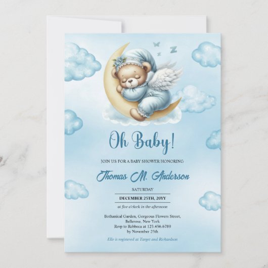 テディベアの翼が月の上で眠っている 招待状 (正面)