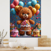 テディベアの誕生日ケーキと風船のキッズデザイン ポスター (キッチン)