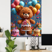 テディベアの誕生日ケーキと風船のキッズデザイン ポスター (ホームオフィス)