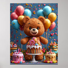 テディベアの誕生日ケーキと風船のキッズデザイン ポスター