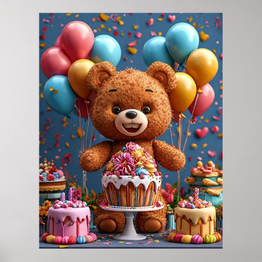 テディベアの誕生日ケーキと風船のキッズデザイン ポスター (正面)