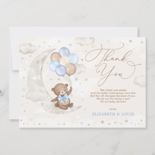 テディベアの風船が月の星を雲 サンキューカード (正面)
