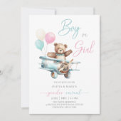 テディベアの飛行機ベビー性リビール 招待状 (正面)