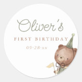 テディベアの1歳の誕生日パーティー ラウンドシール (正面)