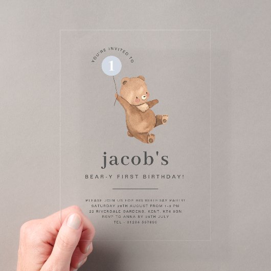 テディベアの1歳の誕生日招待状 青い風船 アクリル招待状 (インサイチュ (ポータブル))