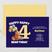 テディベアの4歳の誕生日おめでとう 招待状 (正面/裏面)
