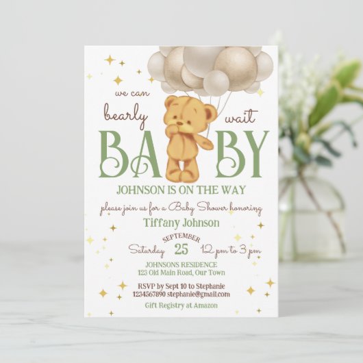 テディベアは緑の茶色の赤ちゃんシャワーを心待ちにする 招待状 (スタンド正面)
