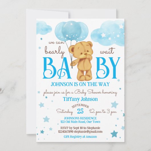 テディベアは青と茶色の赤ちゃんシャワーを真摯に待つ 招待状 (正面)