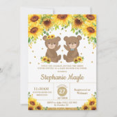 テディベアひまわりベイビーシャワー双子の男の子と女の子 招待状 (正面)