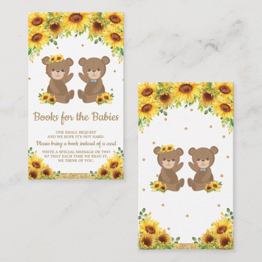 テディベアひまわり双子ボーイガール本を持って来る エンクロージャーカード (正面/裏面)